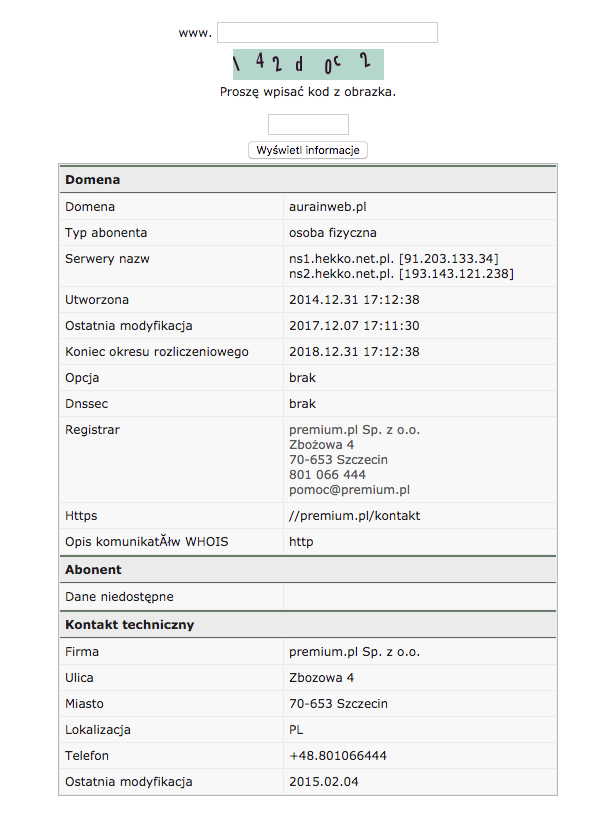wynik wyszukiwania w bazie whois