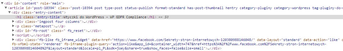 Kod HTML strony z zaznaczonym sprawdzanym elementem