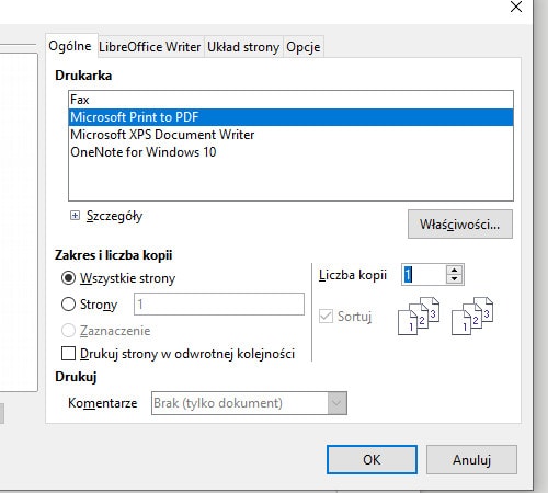 Drukowanie, zapisywanie pliku do formatu PDF