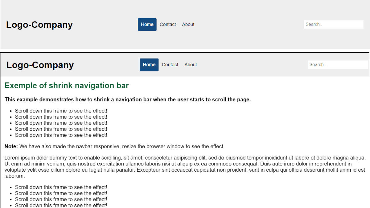 Zmniejszanie paska nawigacyjnego (nav, header) na stronie na stronie