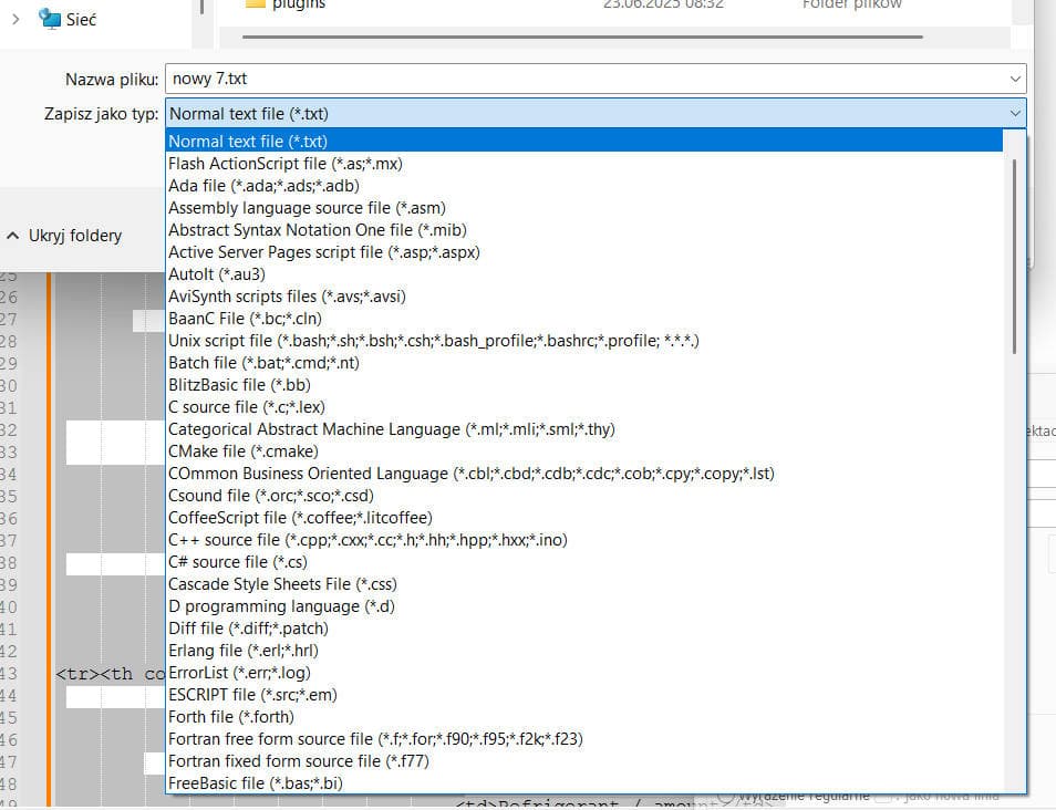 formaty w jakich może zapisać Notepad++ bez dodatków